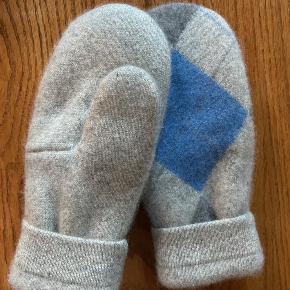 Felted 2-Ply Cashmere Mittens handcrafted from Repurposed Sweater - Gray/Blue